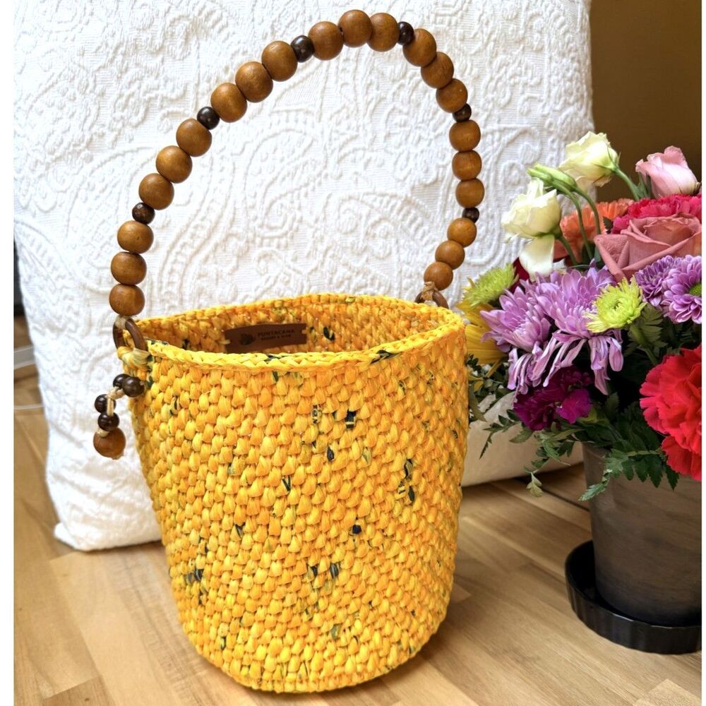Punta Cana Resort & Club Woven Straw Bucket Bag Yellow Wood Bead Handle